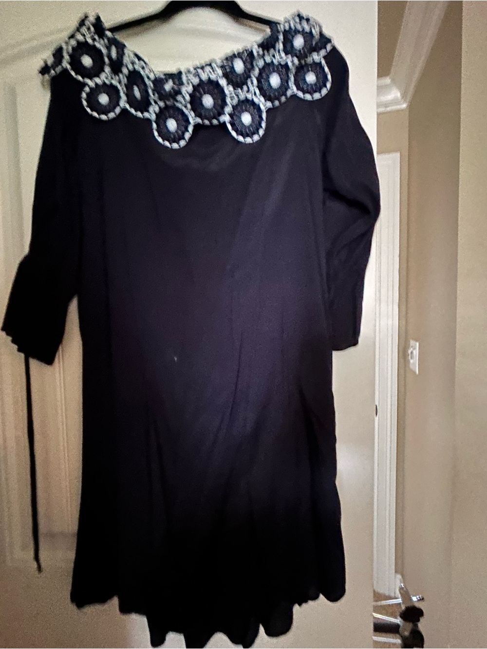 Navy Women's Tunic Top with Decorative Crochet Neckline